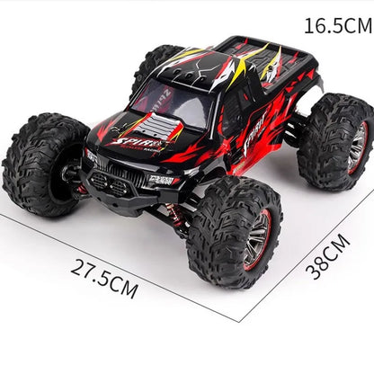 High-speed off-road RC car with large tires, designed for rugged terrains, featuring a striking red and black design.