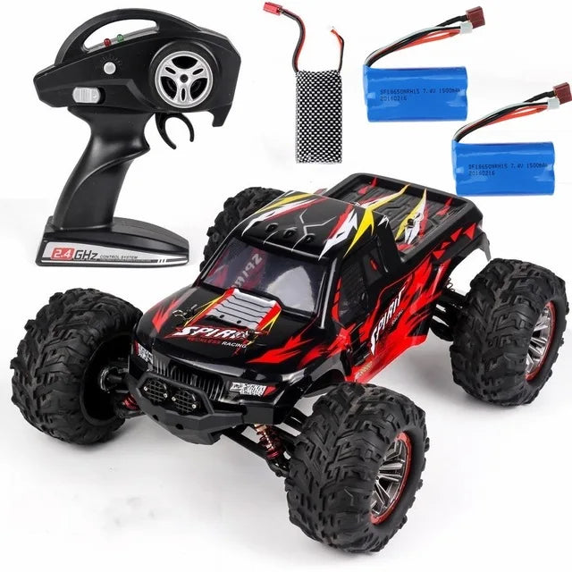 high-speed off-road RC car with remote control, batteries, and charger, designed for 1/10 scale action.
