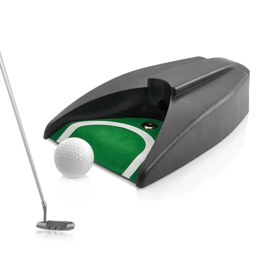 Golf Automatic Putting Cup Golf Return Machine for Training with golf ball and putter on green mat.