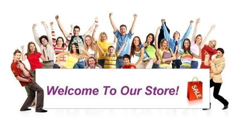 Group of happy people celebrating a store sale with a banner that says 'Welcome To Our Store!'. Variety of colors and styles.
