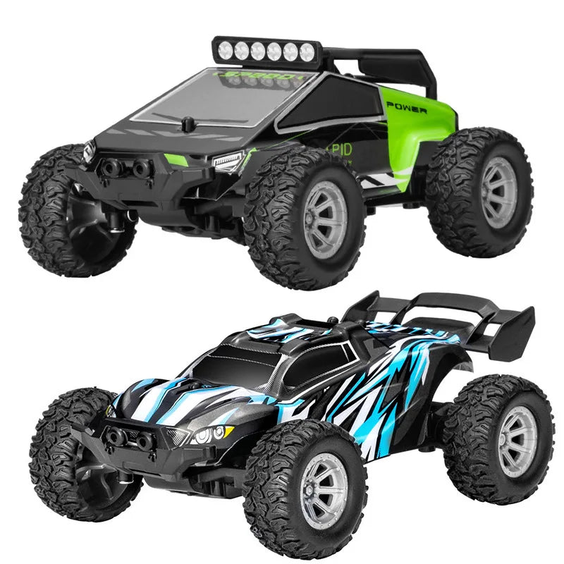 High speed RC car with off-road tires, showing two designs for outdoor and indoor racing adventures.