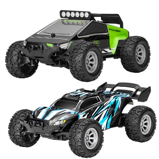High speed RC car with off-road tires, showing two designs for outdoor and indoor racing adventures.