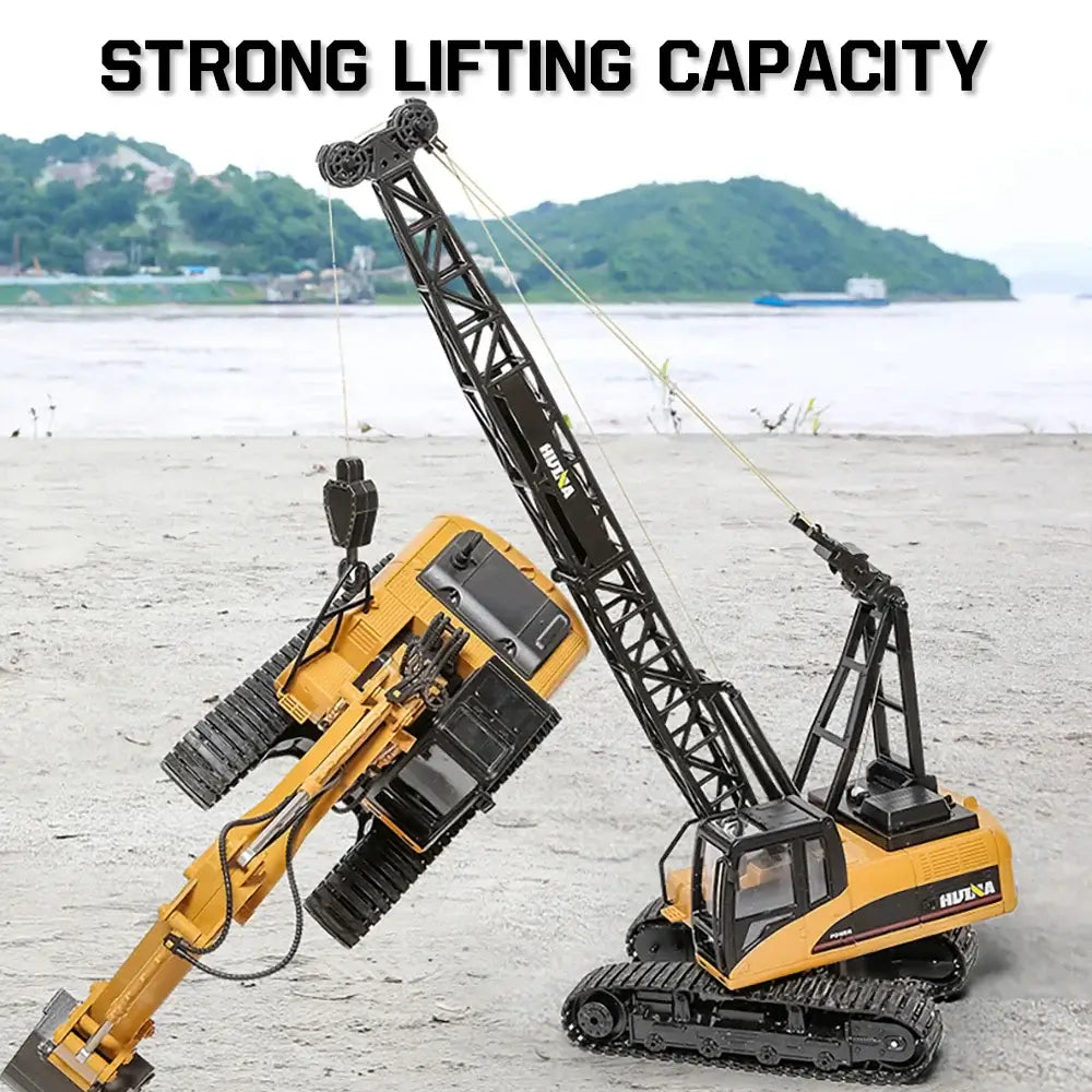 HUINA 1 14 RC Truck Crawler showcasing strong lifting capacity with realistic design in outdoor setting.