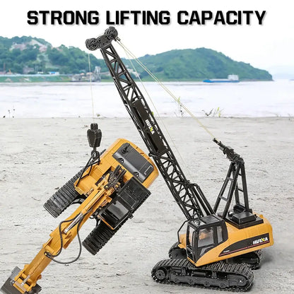 HUINA 1 14 RC Truck Crawler showcasing strong lifting capacity with realistic design in outdoor setting.