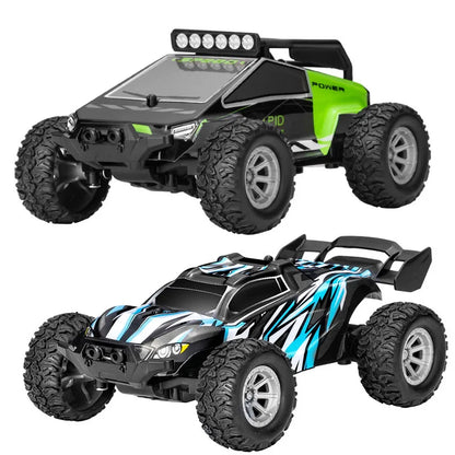 High speed RC car with two models, showcasing impressive designs and rugged tires for enhanced performance.
