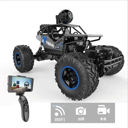 HD WIFI camera control car with remote control and smartphone, showcasing robust design and advanced features.