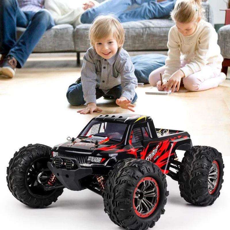 high-speed off-road RC car being enjoyed by children in a cozy living room setting, 1/10 scale 4WD design