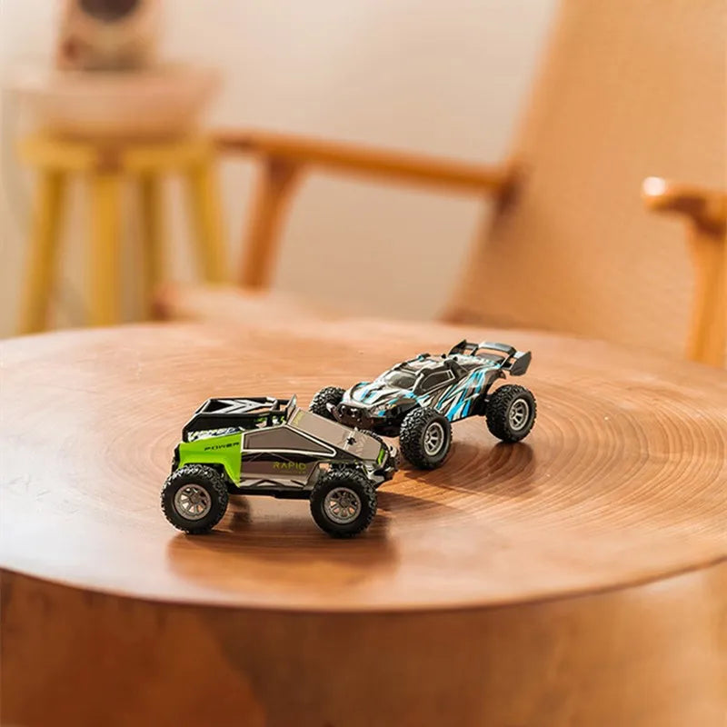 high speed RC car on a wooden table showcasing dual speed models in a stylish indoor setting.