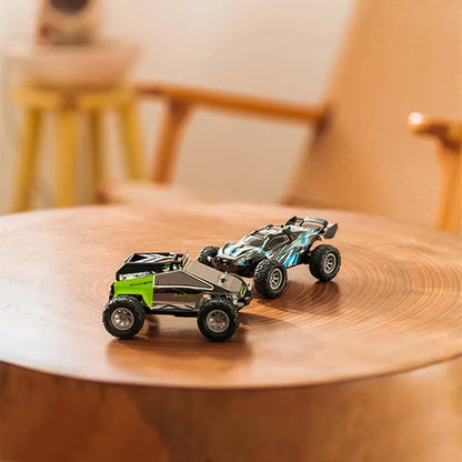 high speed RC car on a wooden table showcasing dual speed models in a stylish indoor setting.