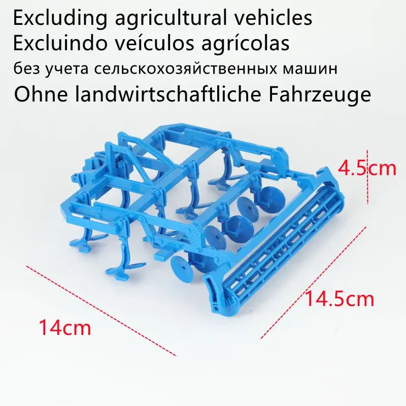 Remote Control Tractor accessories showing a blue toy implement dimensions 14cm by 14.5cm and 4.5cm height for children's play.