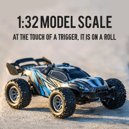 high speed RC car in 1:32 scale, showcasing its sleek design and performance capabilities for remote-controlled enthusiasts.