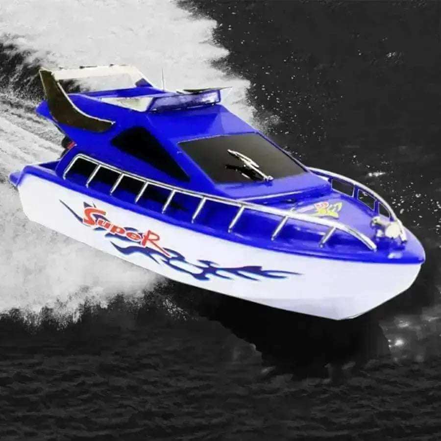 Mini Electric High Speed Boat Ship racing on water, blue RC speedboat toy for thrill seekers.