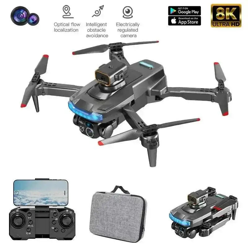 8K dual camera drone with GPS and obstacle avoidance technology; includes remote controller and carrying case.
