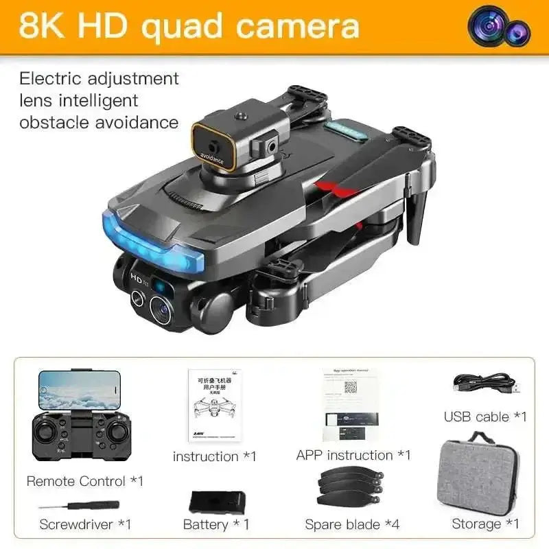 8K HD quad camera drone with obstacle avoidance and accessories.