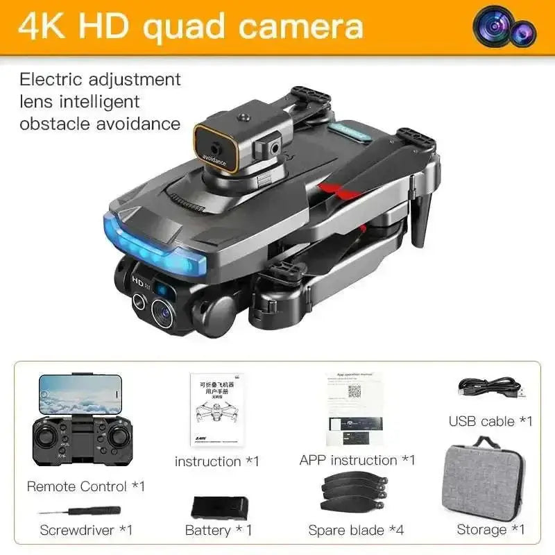 4K HD quad camera drone with obstacle avoidance and remote control accessories.