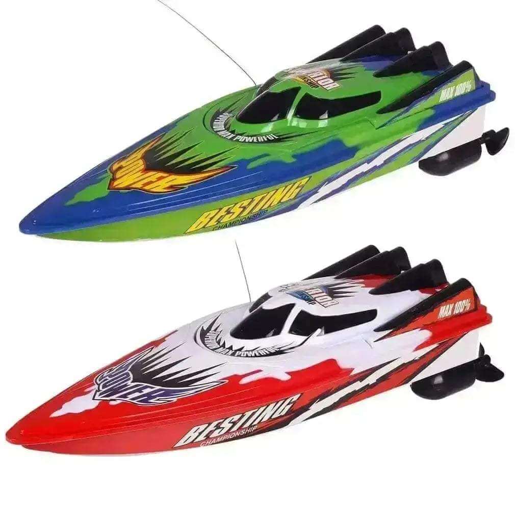 RC Racing Boat with dual motors and sleek design in red & white and blue & green colors.
