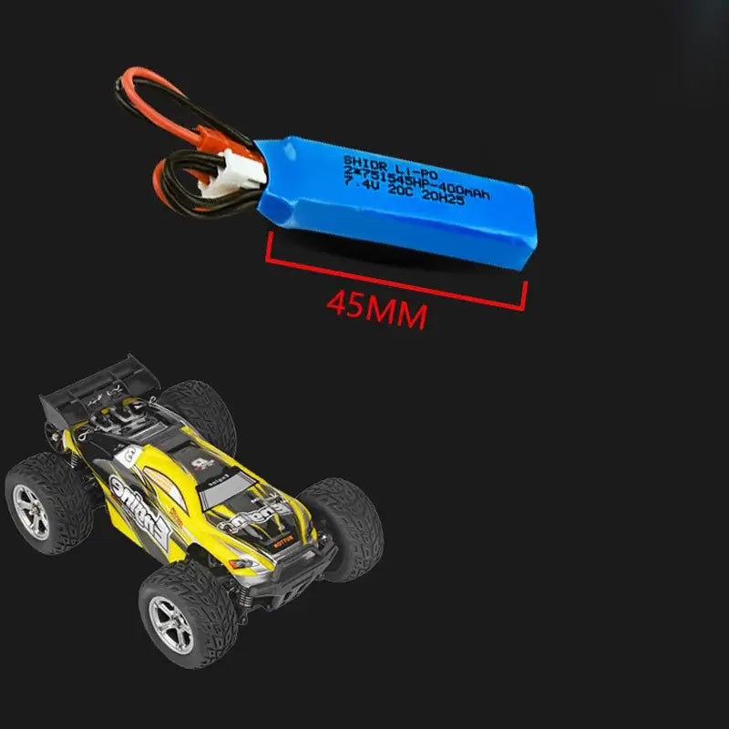 RC Car Battery 7.4V 400mAh pack with JST plug for remote control vehicles.