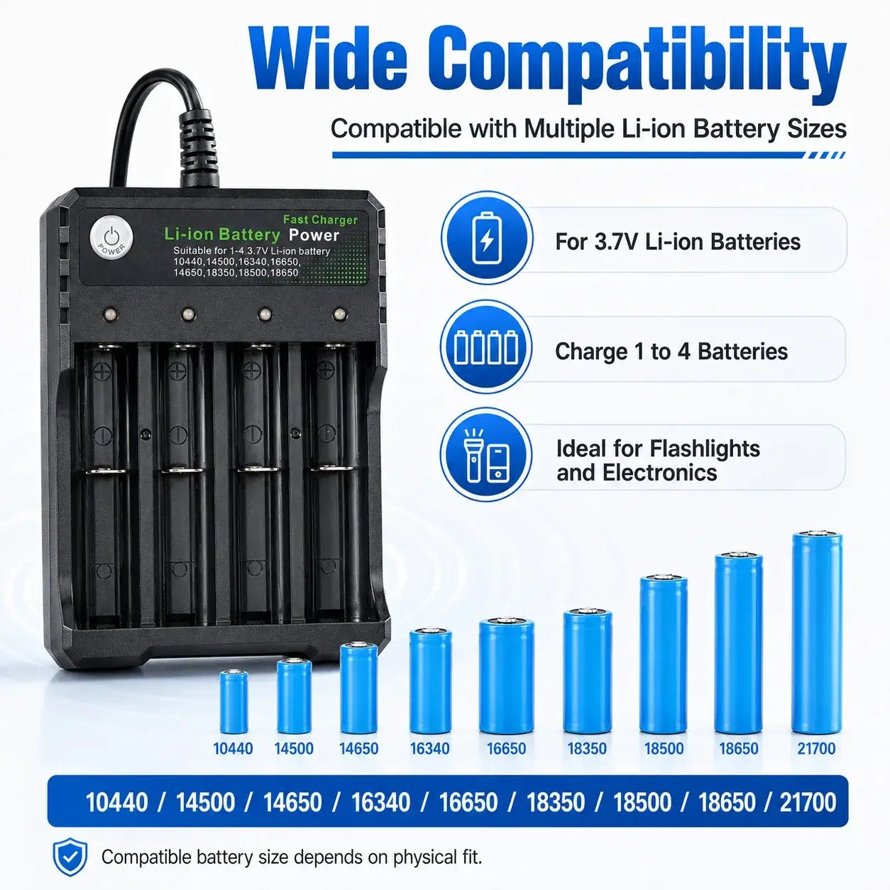 Battery Charger 4 Slots AC charging multiple Li-ion batteries with wide compatibility for electronics.