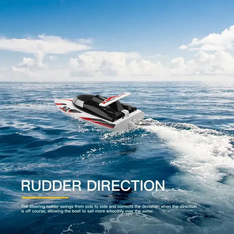 WLtoys 2.4G WL912-A RC Boat navigating smoothly on water with clear sky in the background, showcasing rudder direction.