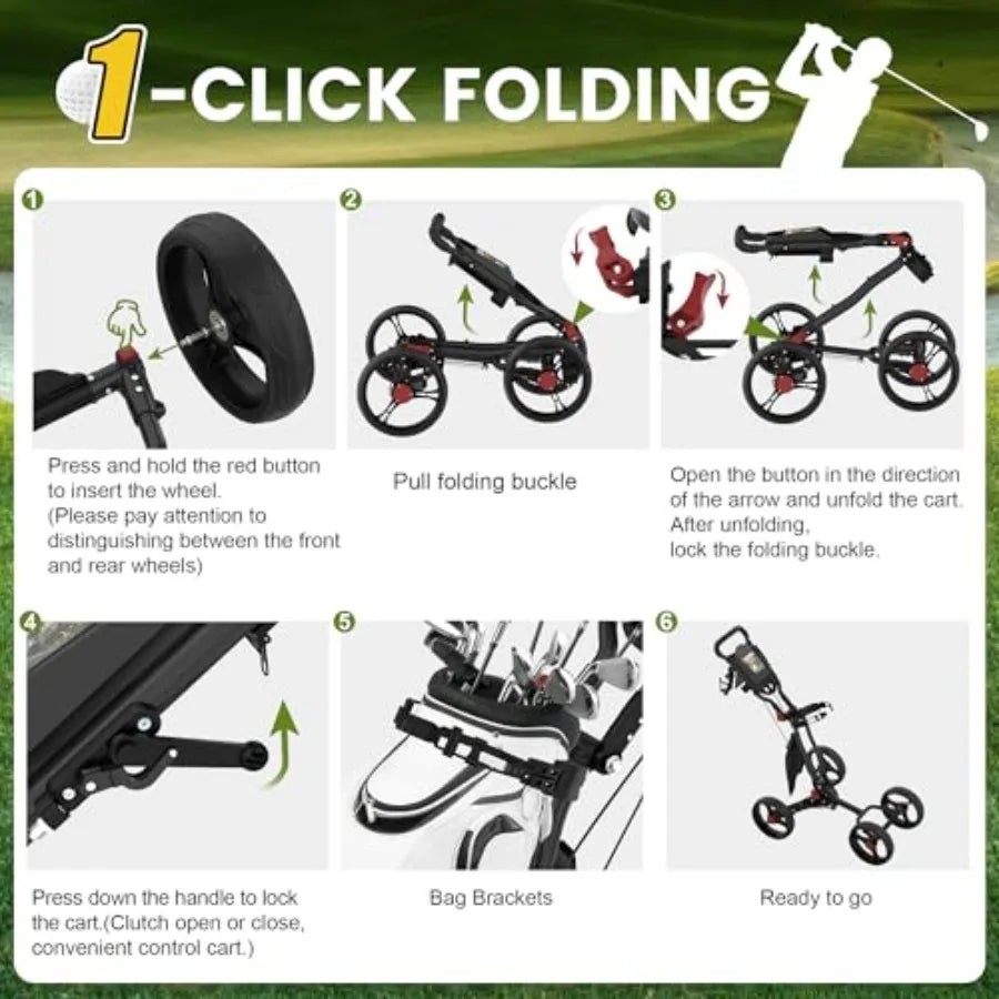 1-Click Folding instructions for 4-wheel golf push cart with visuals for easy assembly.