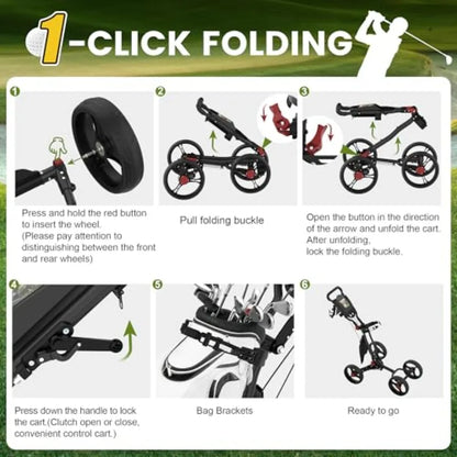 Step-by-step guide for 1-click folding of 4-wheel golf push cart.