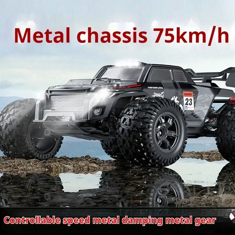 High-speed 4WD RC truck with metal chassis, capable of 75km/h, designed for off-road adventures.