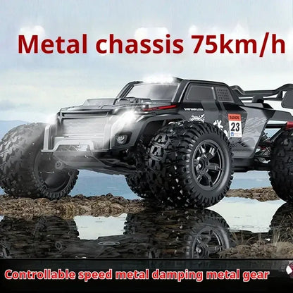 High-speed 4WD RC truck with metal chassis, capable of 75km/h, designed for off-road adventures.