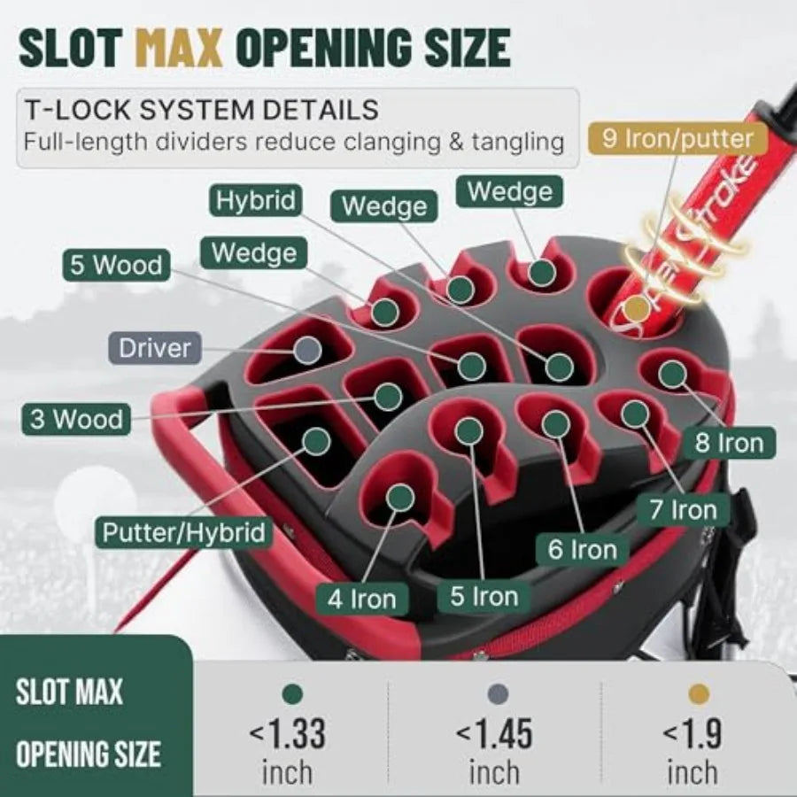 Golf Cart Bag with 14-Way Full-Length Dividers showing Slot Max Opening Size and T-Lock System details