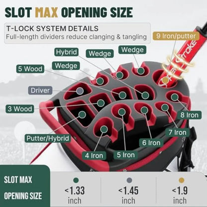 Golf Cart Bag with 14-Way Full-Length Dividers showing Slot Max Opening Size and T-Lock System details