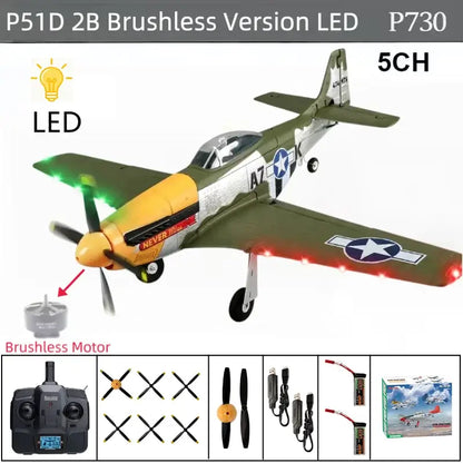 RC Plane P51D Mustang with LED lights and brushless motor, 5 channel functionality for exciting flying experience.
