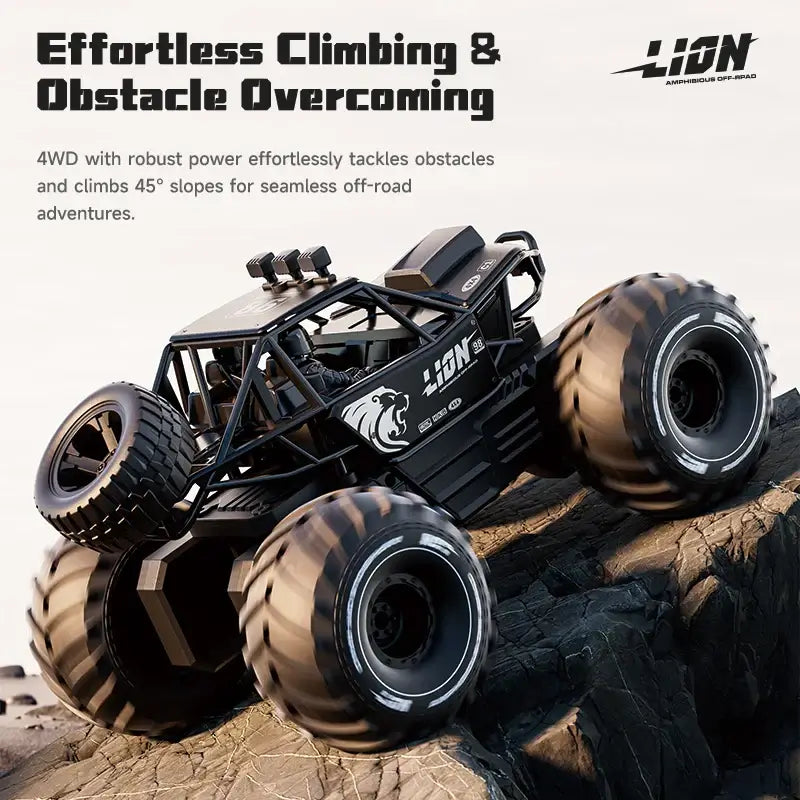 Amphibious remote control car for kids climbing steep slopes and overcoming obstacles effortlessly.