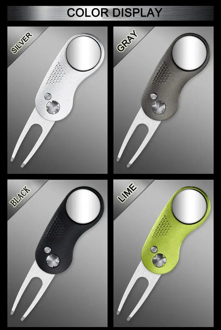 Metal Foldable Golf Divot Repair Tool in silver, gray, black, and lime color options.
