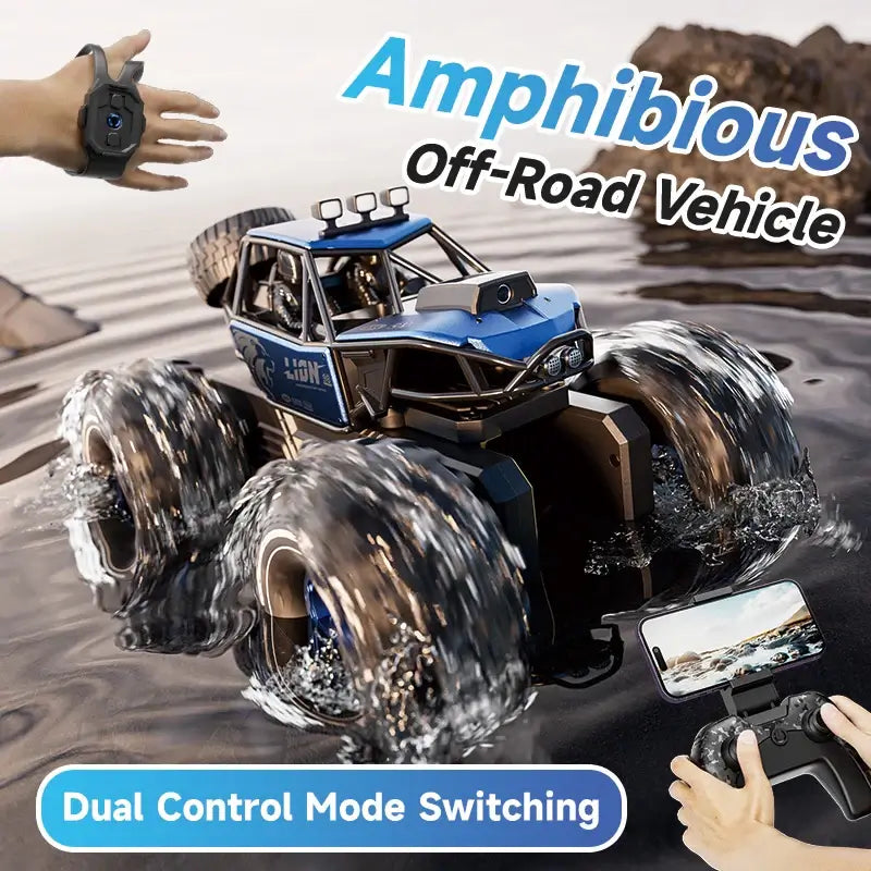 Amphibious remote control car for kids splashing through water with dual control mode switching.