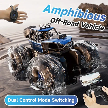 Amphibious remote control car for kids splashing through water with dual control mode switching.