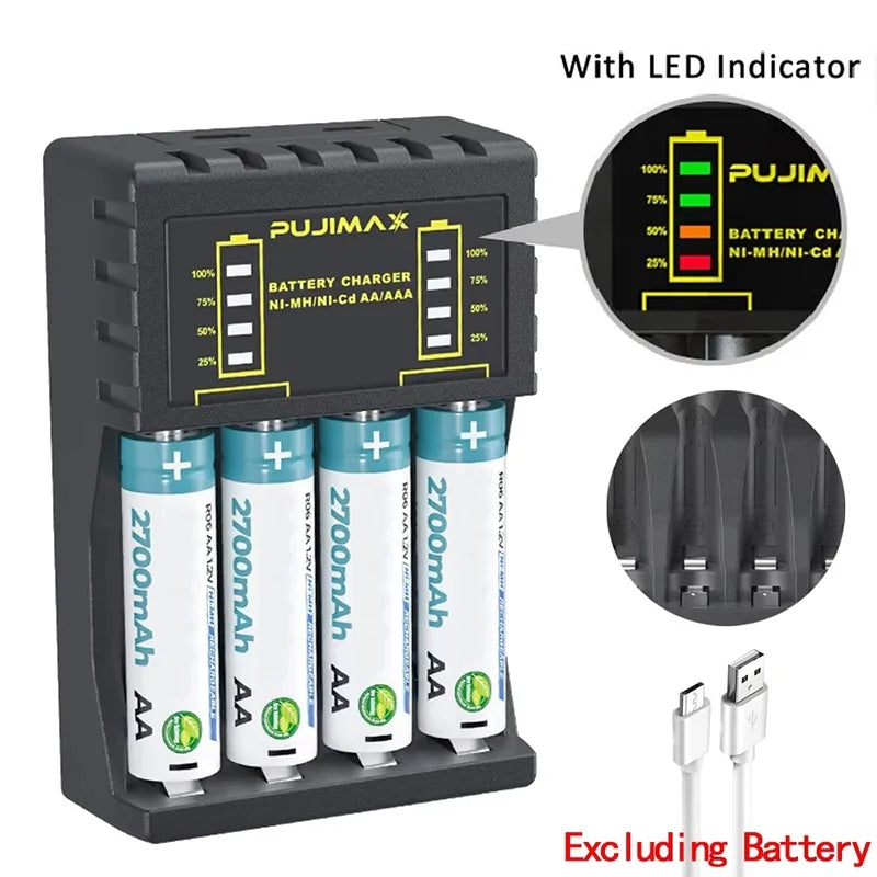 AA/AAA Battery Charger 4 Slots Intelligent LED Display