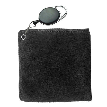 1Pc Golf Towel Microfibre Cleaning Cloth in black color with retractable clip for golfers.