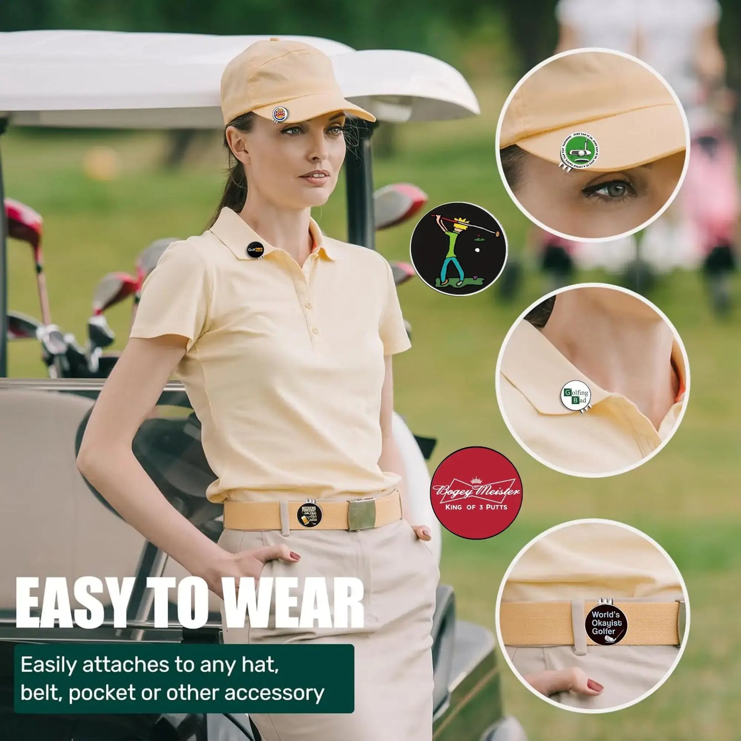 8 counts Funny Happy Gilmore Golf Ball Marker Sets displayed on a golfer, showcasing easy attachment options to hats and belts.