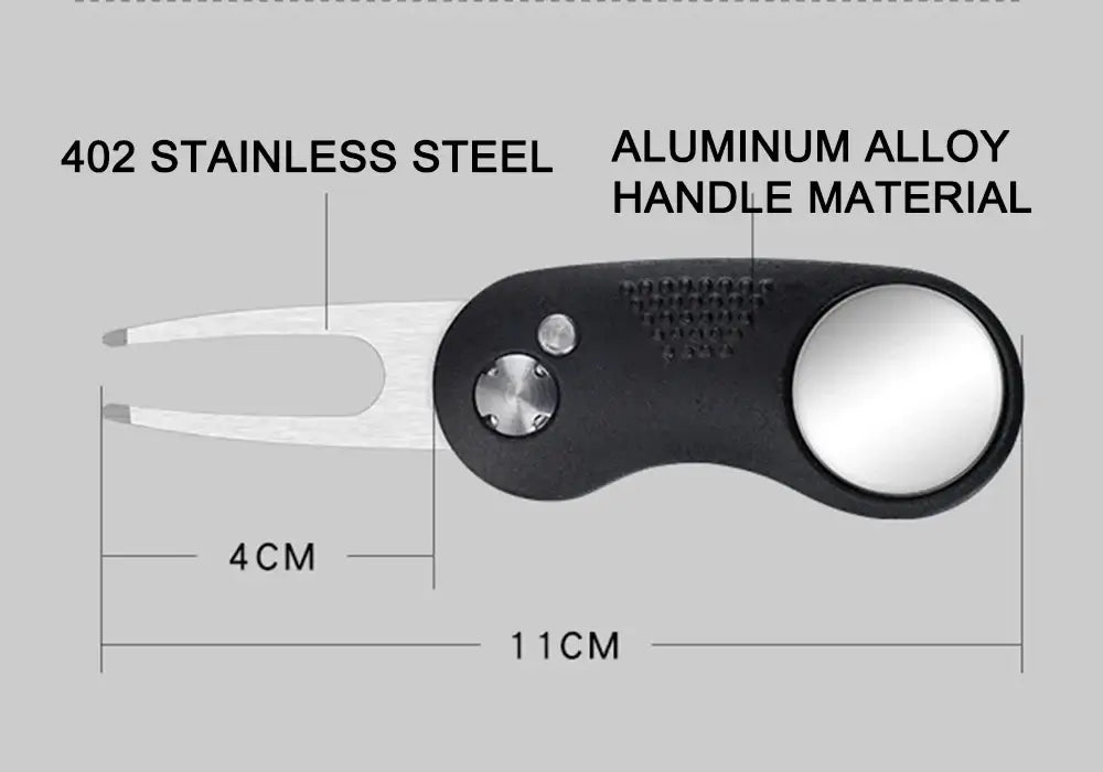 Metal Foldable Golf Divot Repair Tool showing dimensions and materials, featuring 402 stainless steel and aluminum alloy handle.