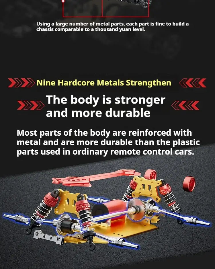 High-speed 4WD RC truck showcasing reinforced metal chassis for durability and strength in off-road conditions.