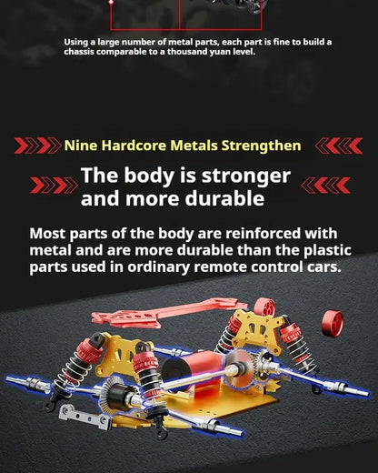 High-speed 4WD RC truck showcasing reinforced metal chassis for durability and strength in off-road conditions.