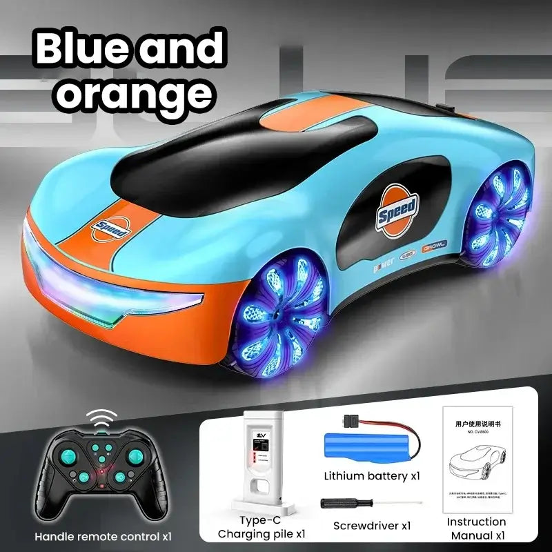Remote Control Concept Cars featuring a blue and orange drift vehicle with LED lights and remote control.