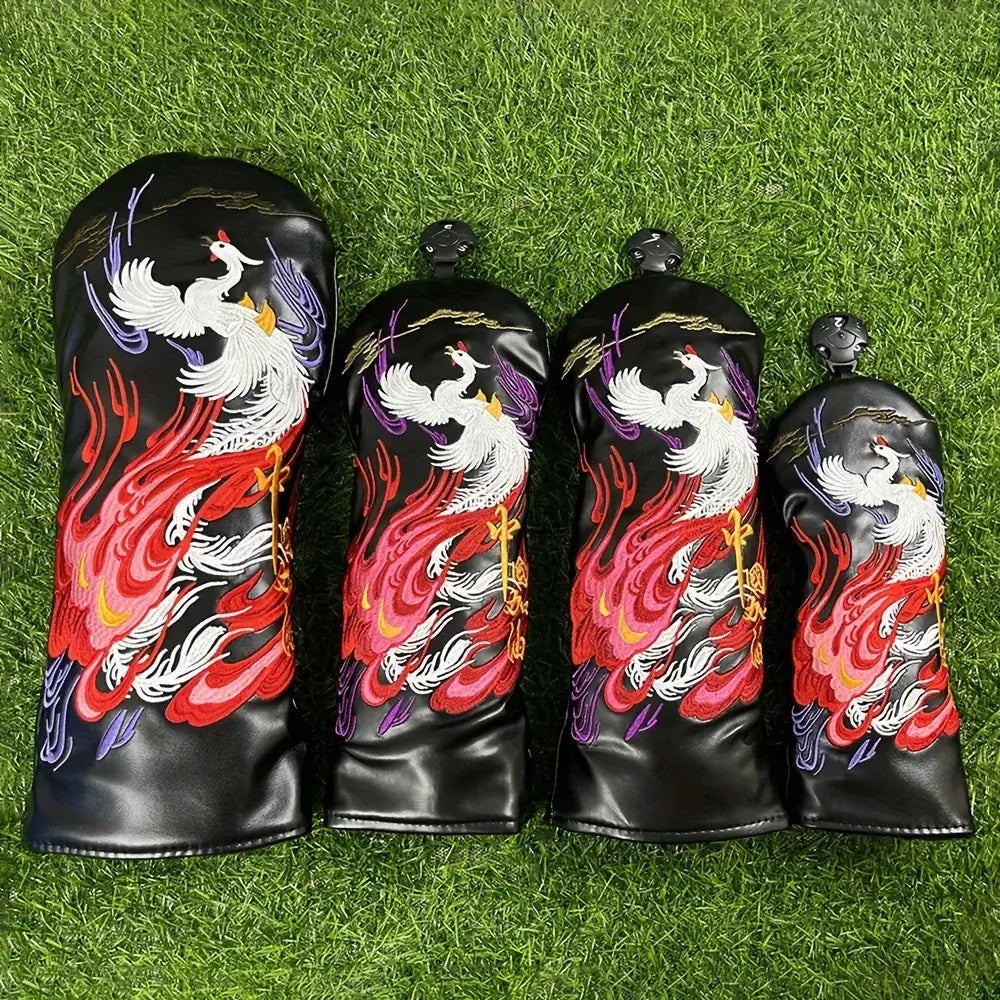 1pc Faux Leather Golf Club Head Cover with Phoenix Embroidery designed for stylish protection of golf clubs.