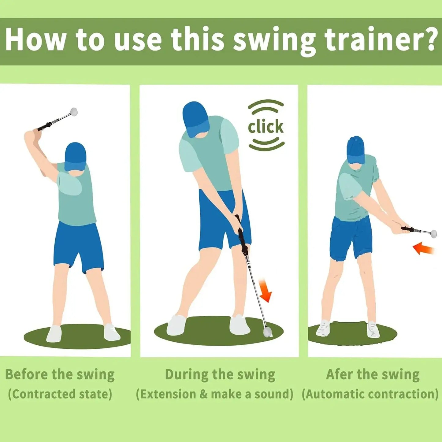 How to use Retractable Golf Swing Trainer with Click Feedback Anti-Slip: before, during, after swing steps.
