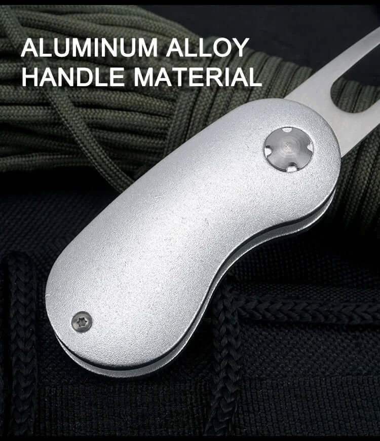 Close-up of Metal Foldable Golf Divot Repair Tool showing aluminum alloy handle material.