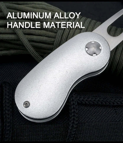 Close-up of Metal Foldable Golf Divot Repair Tool showing aluminum alloy handle material.