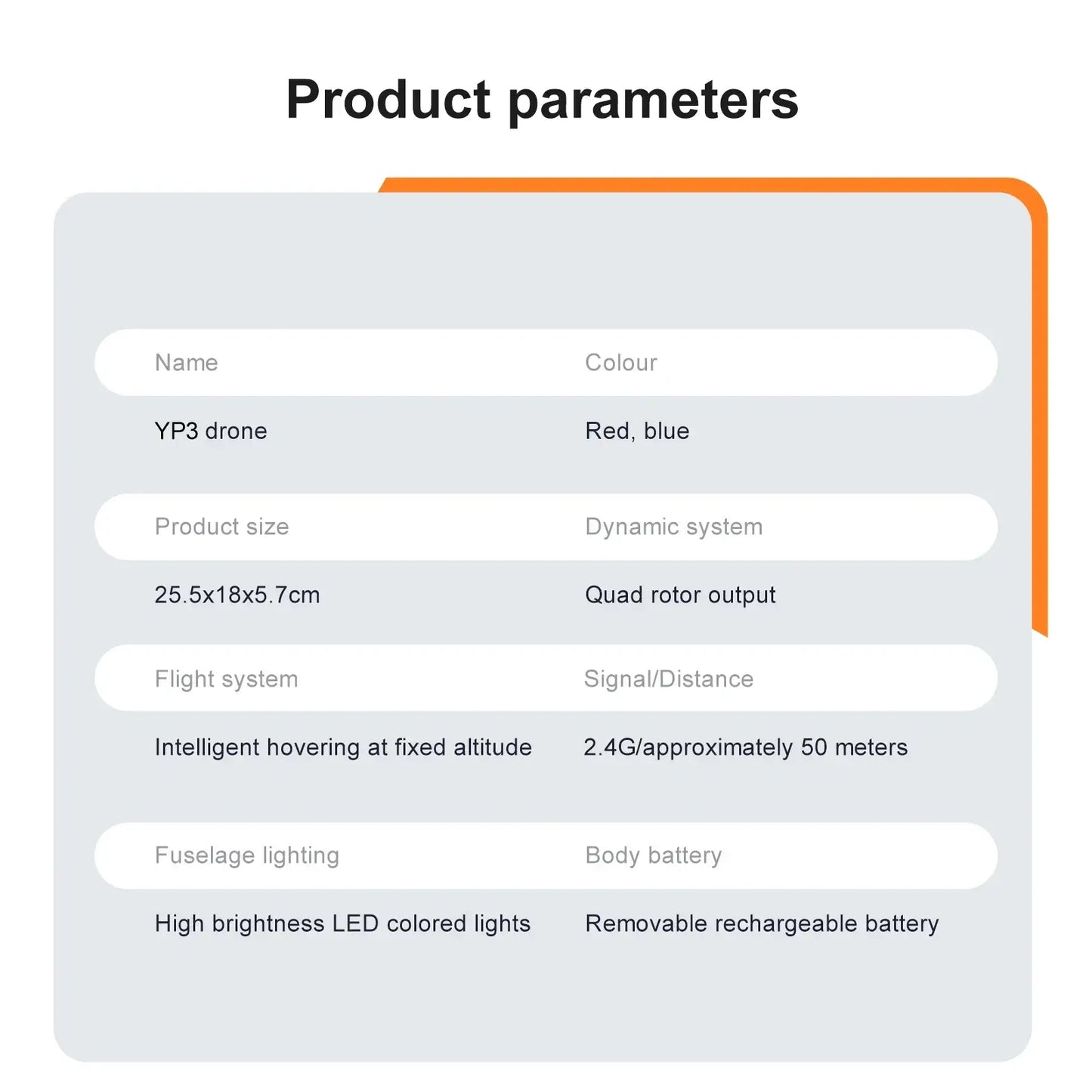 Product parameters for YP3 foam aircraft drone, highlighting features and specifications.