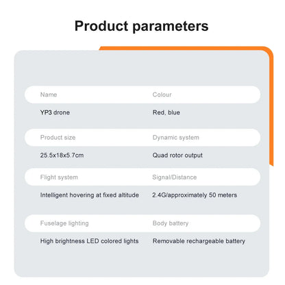 Product parameters for YP3 foam aircraft drone, highlighting features and specifications.