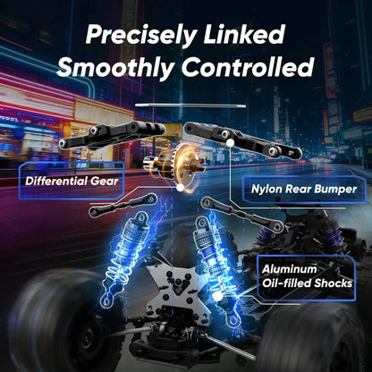 Lithium Battery RC Truck components including differential gear, nylon rear bumper, and aluminum oil-filled shocks.