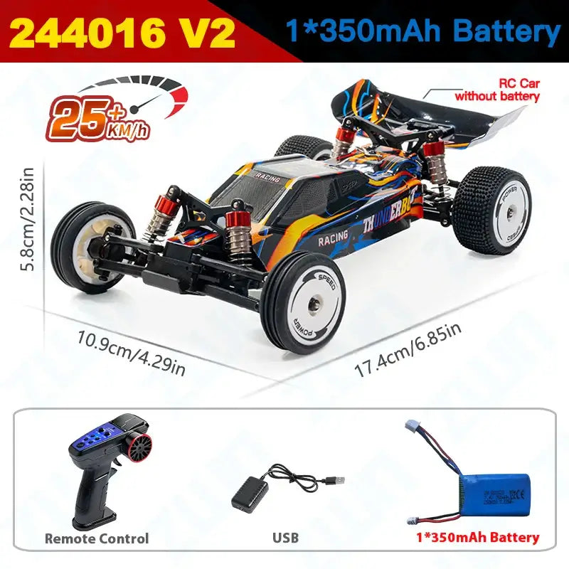 WLtoys high speed racing car with remote control, battery, and specifications, reaching speeds of 25KM/H.