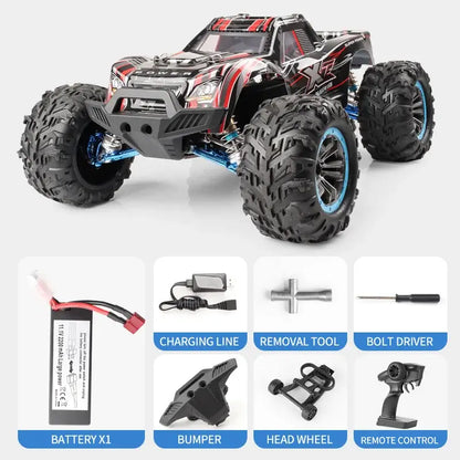 90kmh brushless rc racing car with remote control features and accessories including battery, charging line, and tools.